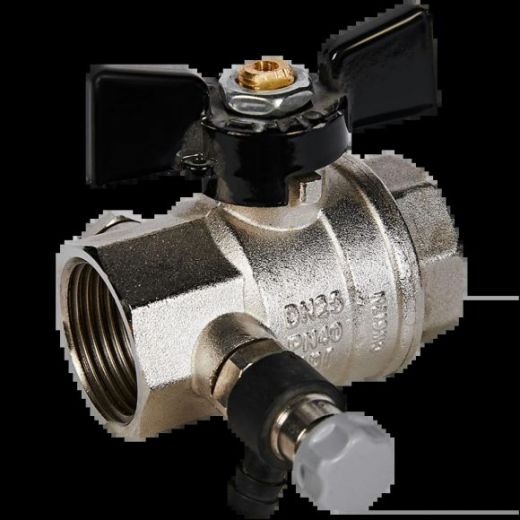 Кран шаровой ВВ 1" с заглушкой 1/4" и дренажным вентилем, бабочка OREGON серия 332 полный проход Bugatti