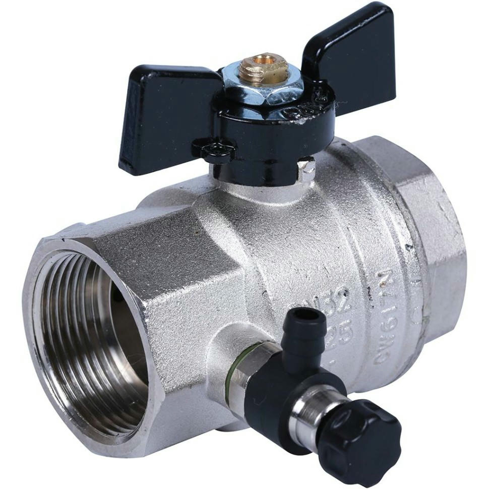 Кран шаровой ВВ 1 1/4" с заглушкой 1/4" и дренажным вентилем, бабочка OREGON серия 332 полный проход Bugatti