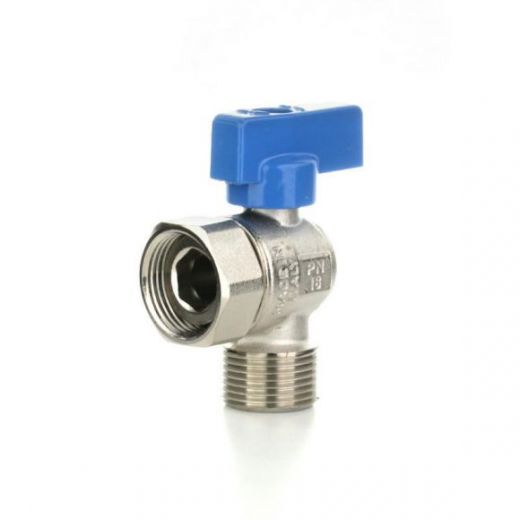 Кран шаровой угловой НВ 1/2" с накидной гайкой, флажок синий ELSEN