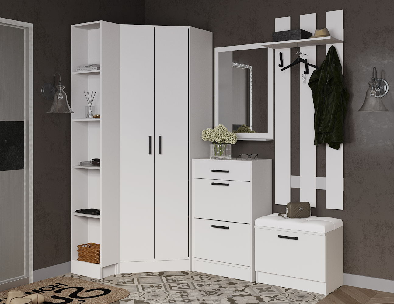 Кевин прихожая модульная белый с тиснением (древесные поры)