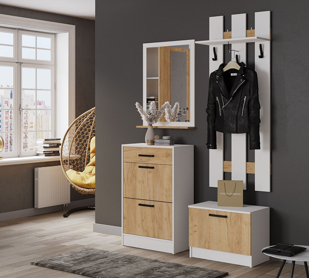 Кевин прихожая модульная белый с тиснением (древесные поры)/дуб крафт золотой