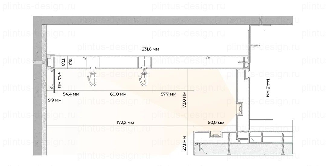 Ниша для штор из БК 100 с карнизом М 01 и теневым держателем ТД 1 FerGipps
