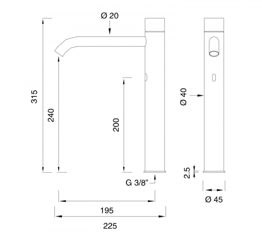 Сенсорный однорычажный смеситель для раковины Cea Design MILO360 MIL017 высота 315мм схема 2