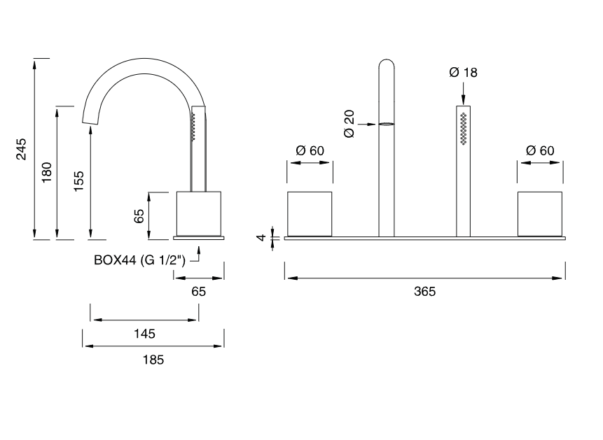 Смеситель на борт ванны Cea Design OPUS прогрессивный, с изливом, с выдвижной лейкой OPS64 ФОТО