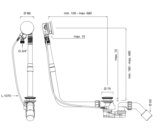 Слив-перелив для ванны для ванны Cea Design PIL с наполнителем перелива, с тросиком управления PIL15 схема 2