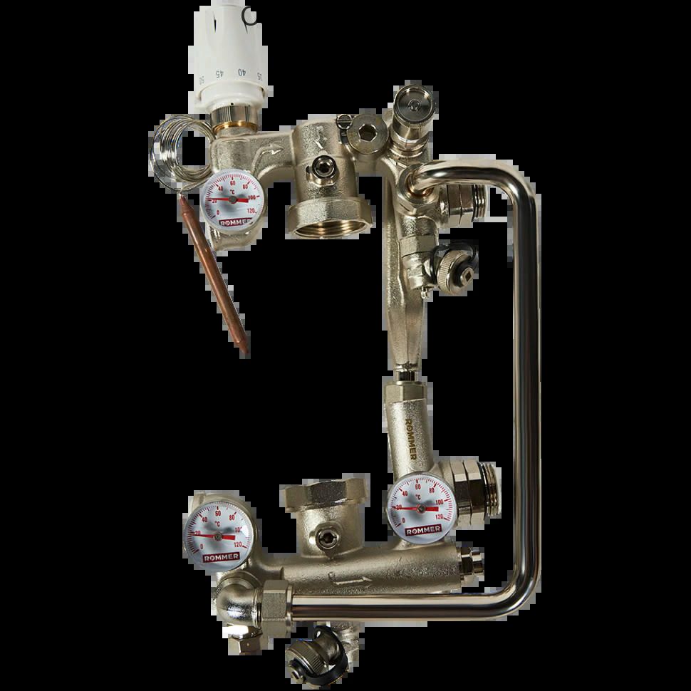 Насосно-смесительный узел с термоголовкой, перепускным клапаном и байпасом, без насоса ROMMER