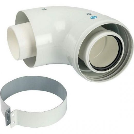 Элемент дымохода конденсационный адаптер 90° 60/100 PP-FE c хомутом (совместимый с Vaillant и Ariston) STOUT