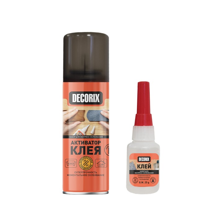 Decorix Клей двухкомпонентный для экспресс-склеивания, Супер клей 25г. + Аэрозольный активатор 140мл.