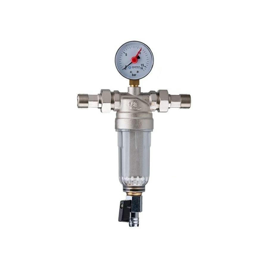 Фильтр промывной с манометром 1 1/4" пластиковая колба Tiemme