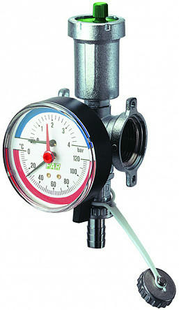 Узел фланцевый 1" с автоматическим воздухоотводчиком, термоманометром и сливным краном FAR