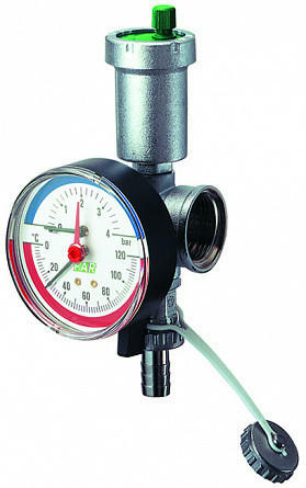 Узел с автоматическим воздухоотводчиком, сливным краном 1 1/4" и термоманометром (10 бар; 120°C), хромированный FAR