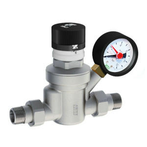 Редуктор 3/4" НР с визуализацией давления с манометром, хромированный FAR