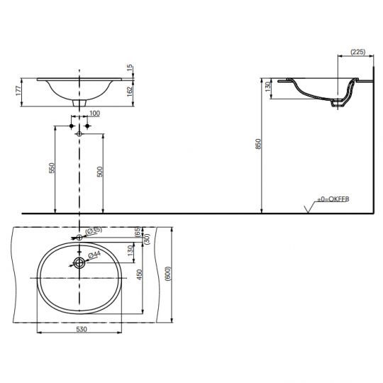 Раковина Toto NC/R LW762Y 53х45 встраиваемая схема 2