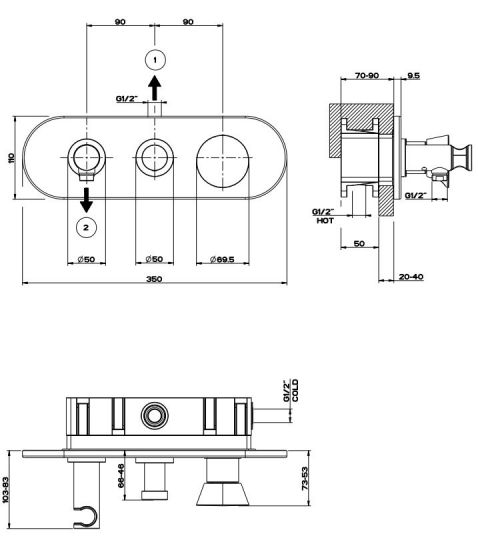 Gessi Cono смеситель для ванны/душа 45040 схема 3 Gessi Cono смеситель для ванны/душа 45040 схема 3