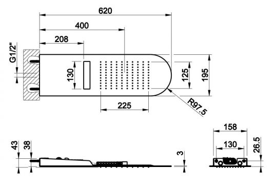 Тропический душ Gessi Tremillimetri 62х19,5 см 33055 схема 2 Тропический душ Gessi Tremillimetri 62х19,5 см 33055 схема 2