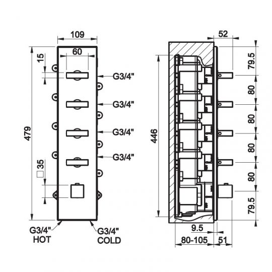 Смеситель Gessi Rettangolo для ванны/душа 43028 схема 2 Смеситель Gessi Rettangolo для ванны/душа 43028 схема 2