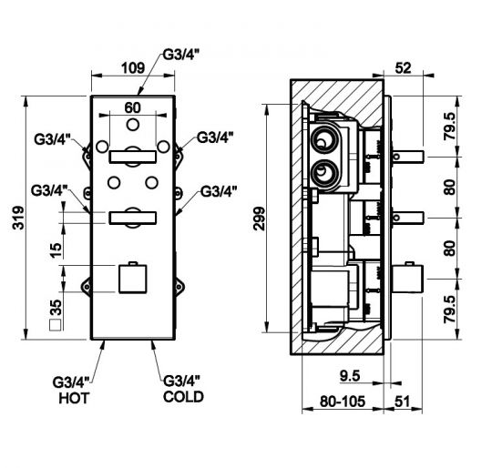 Gessi Rettangolo Wellnes смеситель для ванны/душа 43032 схема 2 Gessi Rettangolo Wellnes смеситель для ванны/душа 43032 схема 2