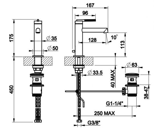Смеситель с прямым изливом для раковины Gessi Ingranaggio 63501 схема 2 Смеситель с прямым изливом для раковины Gessi Ingranaggio 63501 схема 2