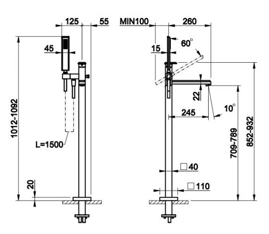 Напольный смеситель с изливом для ванны и ручным душем Gessi Eleganza 46131 схема 2 Напольный смеситель с изливом для ванны и ручным душем Gessi Eleganza 46131 схема 2