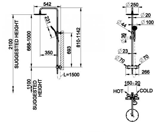 Душевая колонна с круглым тропическим душем Gessi Minimalistic Shower 3517 схема 4 Душевая колонна с круглым тропическим душем Gessi Minimalistic Shower 3517 схема 4