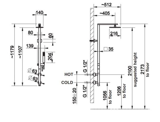 Душевая колонна с тропическим душем Gessi Rettangolo 23407 схема 2 Душевая колонна с тропическим душем Gessi Rettangolo 23407 схема 2