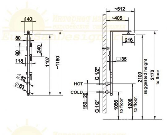 Душевая колонна с тропическим душем Gessi Rettangolo 23411 схема 2 Душевая колонна с тропическим душем Gessi Rettangolo 23411 схема 2