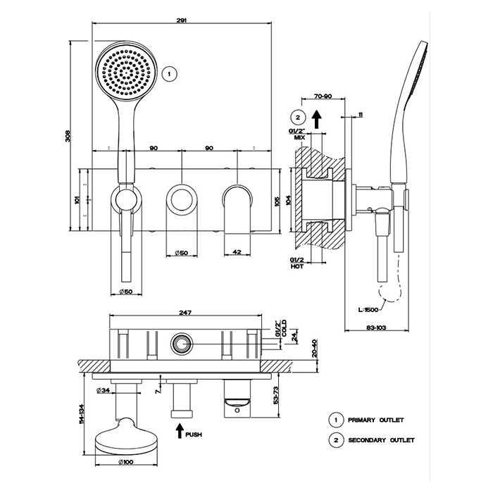 Смеситель встраиваемый в душевую комнату Gessi Emporio Via manzoni на 2 позиции с переключателем 44900 ФОТО