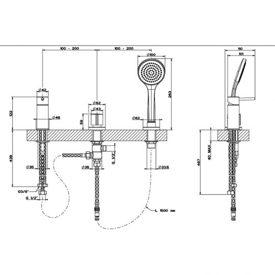 Смеситель для ванны Gessi Emporio Via tortona на 3 отверстия 18643 схема 2