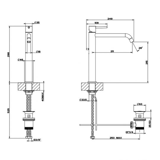 Смеситель для умывальника Gessi Emporio Via tortona с 1 отверстием 18605 схема 2 Смеситель для умывальника Gessi Emporio Via tortona с 1 отверстием 18605 схема 2