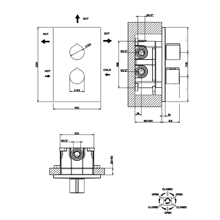 Смеситель скрытого монтажа для душа термостатический Gessi Emporio Via manzoni на 3 позиции 38796 ФОТО