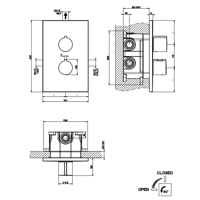 Смеситель  для душа термостатический Gessi Emporio Via manzoni на 1 позицию 38792 скрытого монтажа ФОТО