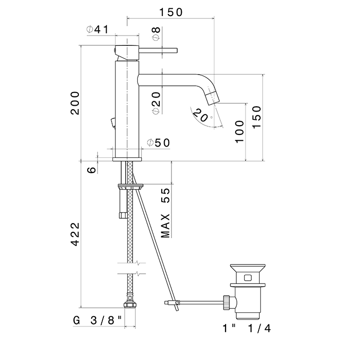 Смеситель для раковины Newform XT 4201 1 отверстие длинный излив с донным клапаном ФОТО