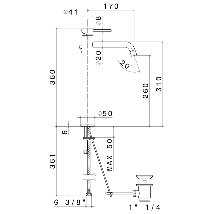 Смеситель высокий для раковины Newform XT 4204 с длинным изливом и донным клапаном ФОТО