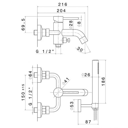 Смеситель для ванны Newform XT 4240C с ручным душем и гибким шлангом схема 2