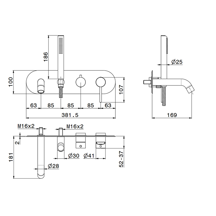 Смеситель встраиваемый для ванны Newform XT 4272E с изливом и ручным душем внешняя часть ФОТО