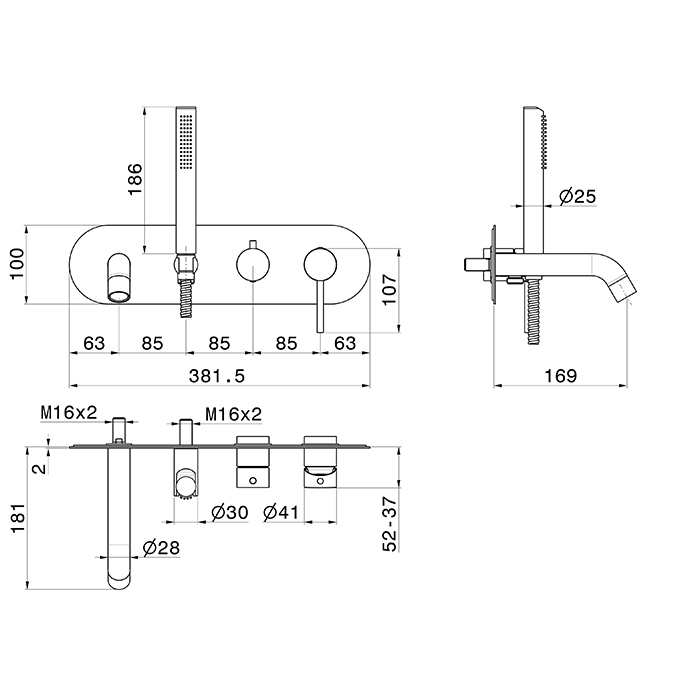 Смеситель встраиваемый для ванны Newform XT 4272E с изливом и ручным душем внешняя часть ФОТО