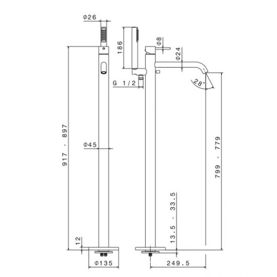 Смеситель для ванны Newform XT 4278E напольный с ручным душем внешняя часть схема 4