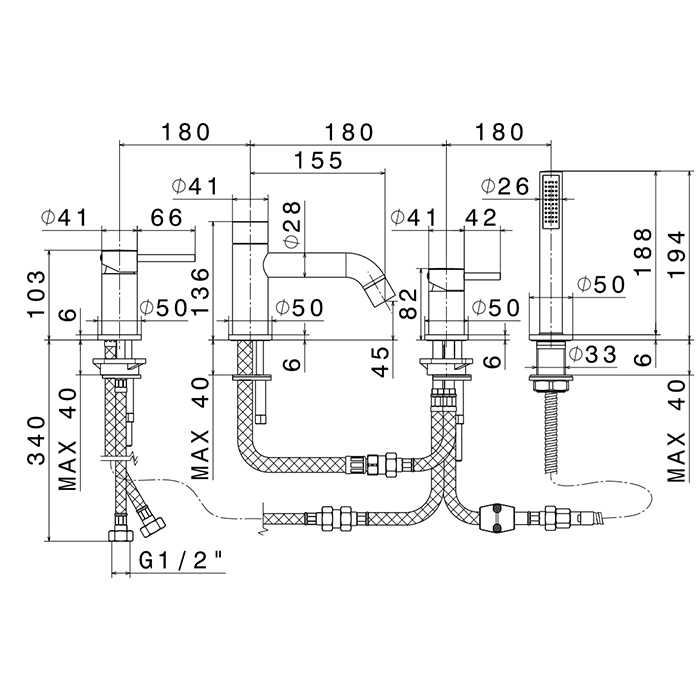 Смеситель на борт ванны Newform XT 4280C 4 отверстия с изливом и ручным душем ФОТО