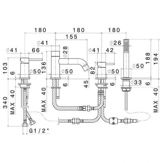 Смеситель на борт ванны Newform XT 4280C 4 отверстия с изливом и ручным душем схема 6