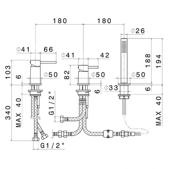 Смеситель Newform XT 4284C на борт ванны 3 отверстия с ручным душем схема 3