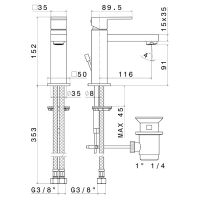 Смеситель для раковины Newform Ergo Q 66410 1 отверстие с донным клапаном схема 3