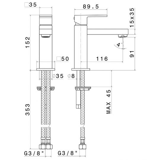 Смеситель Newform Ergo Q 66412 для раковины 1 отверстие схема 3