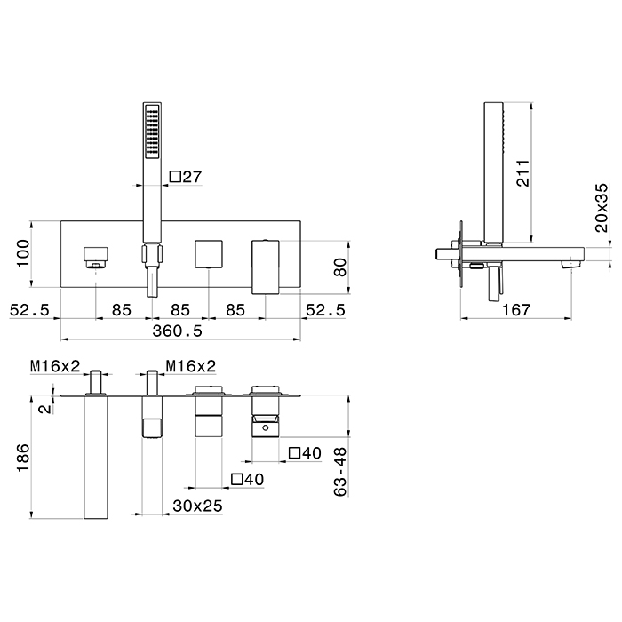 Смеситель Newform Ergo Q 66472E встраиваемый для ванны 2 потока с изливом и ручным душем внешняя часть ФОТО