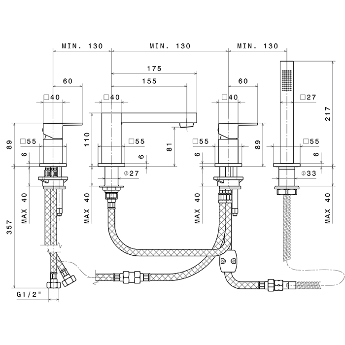 Смеситель на борт ванны Newform Ergo Q 66482C.21.018 4 отверстия с изливом и ручным душем ФОТО