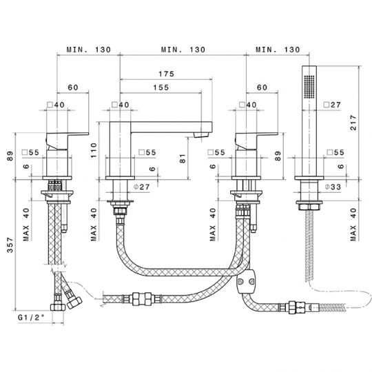 Смеситель на борт ванны Newform Ergo Q 66482C.21.018 4 отверстия с изливом и ручным душем схема 2