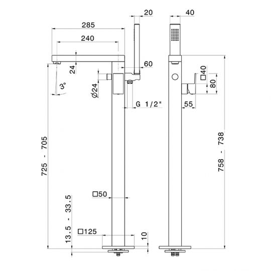 Смеситель напольный для ванны Newform Ergo Q 66484E.01.093 с ручным душем внешняя часть схема 4