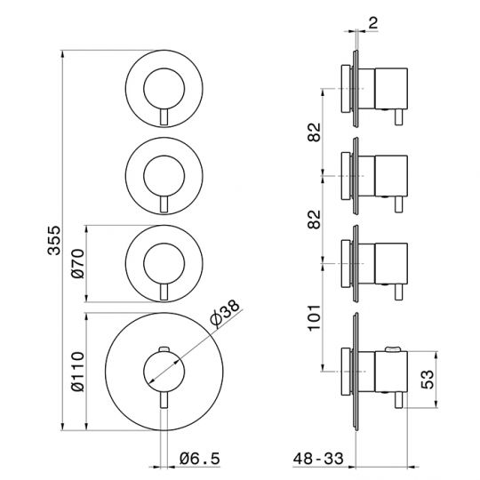 Смеситель для душа Newform XT 67600E термостатический встраиваемый на 3 потока внешняя часть схема 3