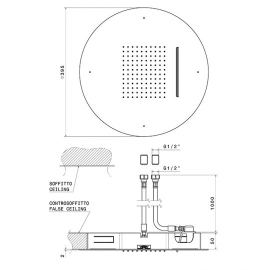 Верхний душ круглый Newform Head Showers 684 монтаж в потолок тропический душ каскад G1/2 схема 6