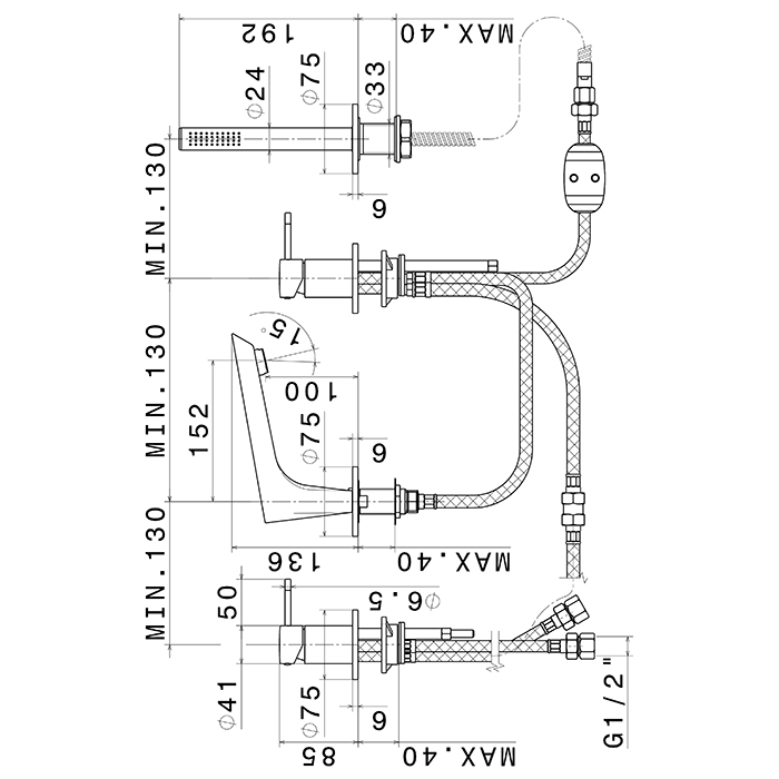Смеситель на борт ванны Rama Newform O 68482C 4 отверстия с изливом и ручным душем ФОТО