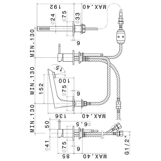 Смеситель на борт ванны Rama Newform O 68482C 4 отверстия с изливом и ручным душем схема 2
